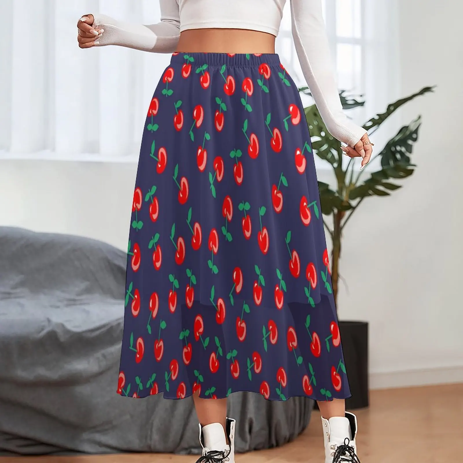 Sweet Cherries Skirt Ladies Red Fruit Print Cute Boho Skirts Printed Elastic Waist Y2K A-line Skirt Big Size 3XL 4XL