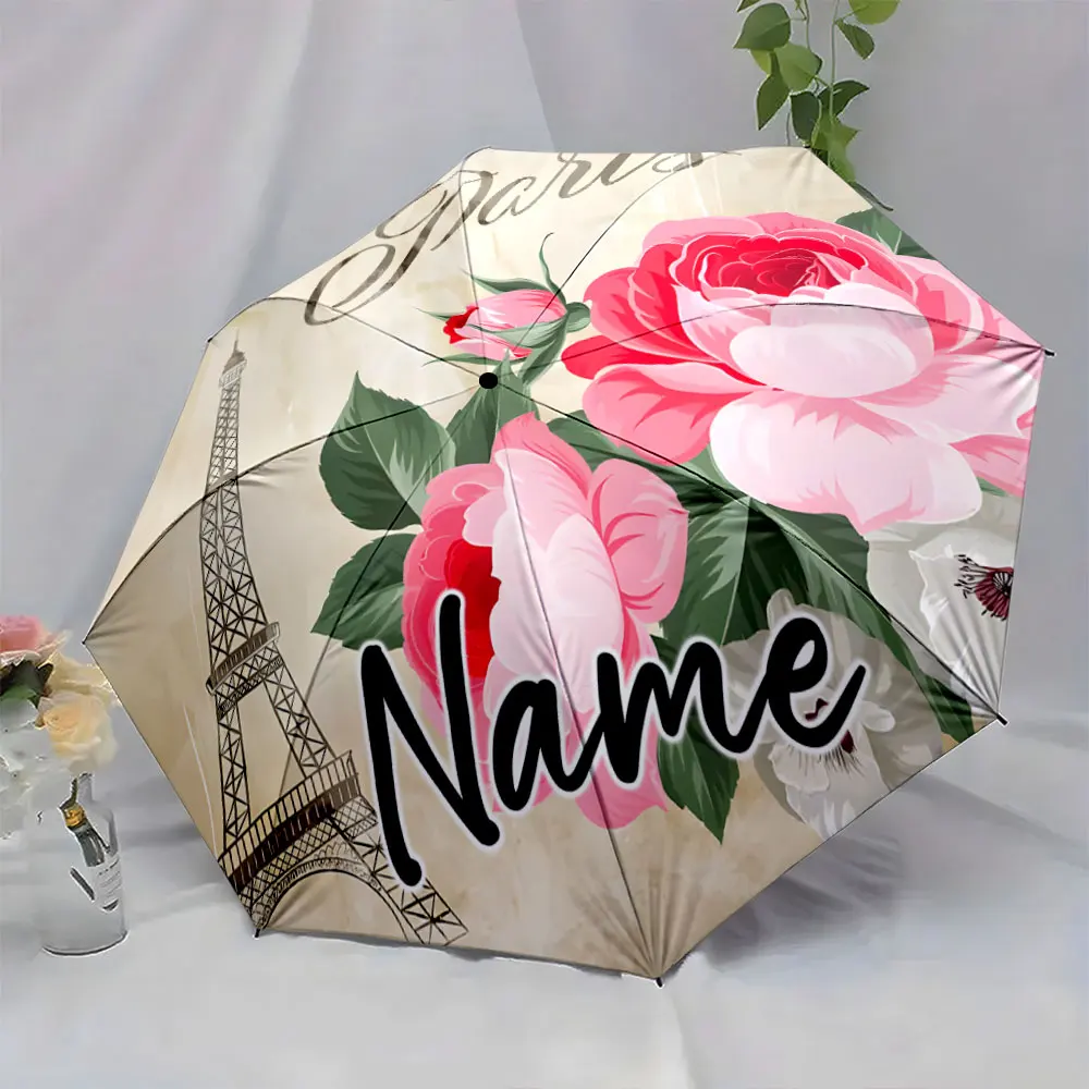 Custom Name Elegant Paris-Themed Floral Umbrella 8 Iron Ribs Folding Umbrella Auto-Open Fashionable Sunshade Deluxe Gift