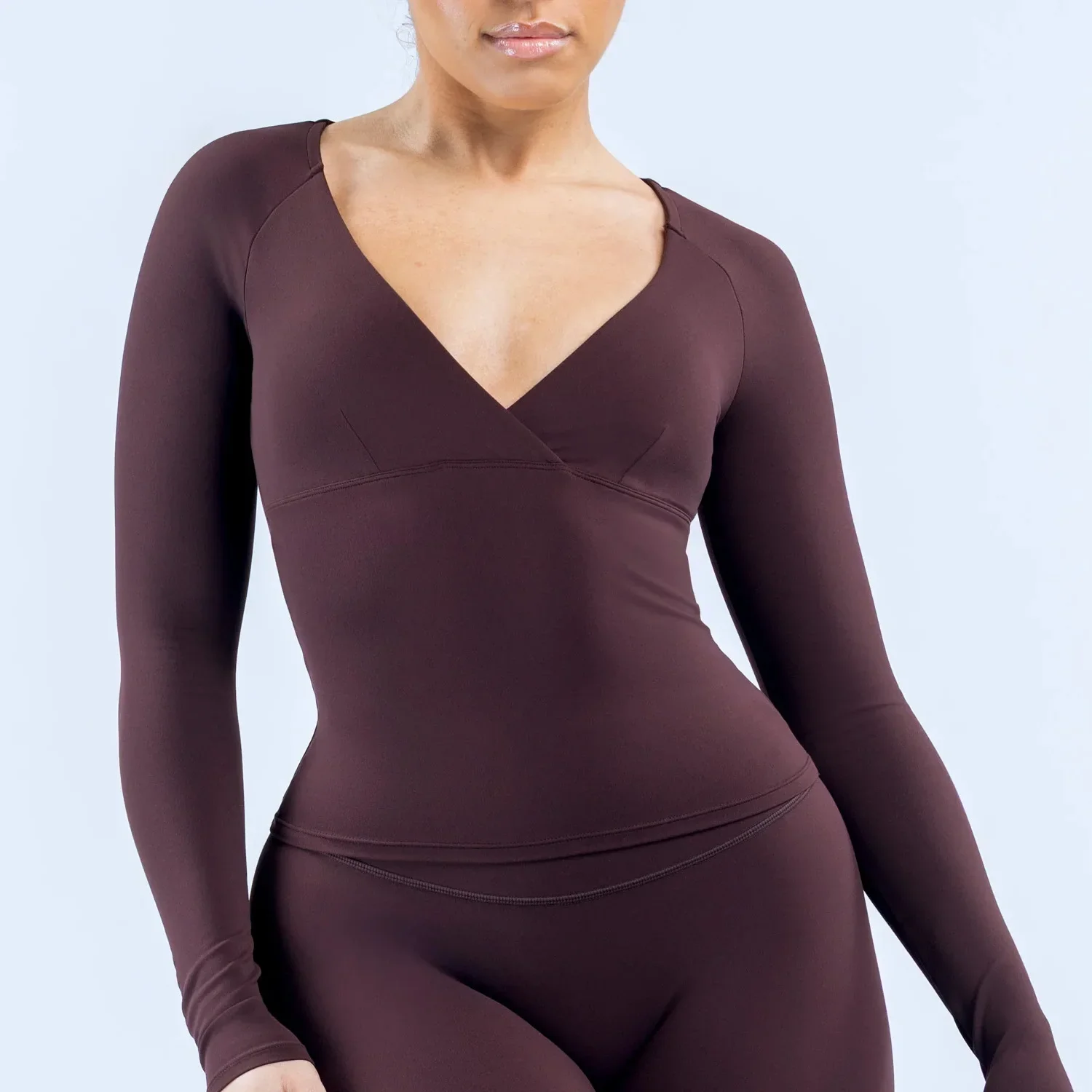 LOGO Cross V Neck Long Sleeve Athletic Tops Tummy Control Bodycon Sports Shirts High Elastic Running Pilates Training Active Top