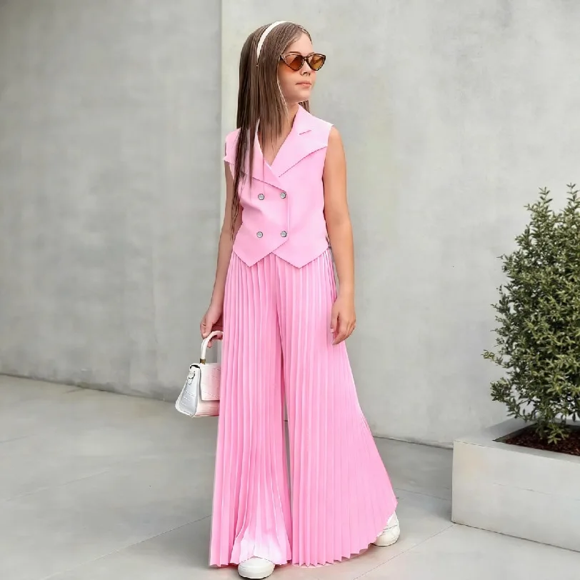 Kids Girls Sleeveless Suit Long Trousers Clothing Sets 2026 New Fashion European American Style Suit Pleated Wide Leg Pants Set