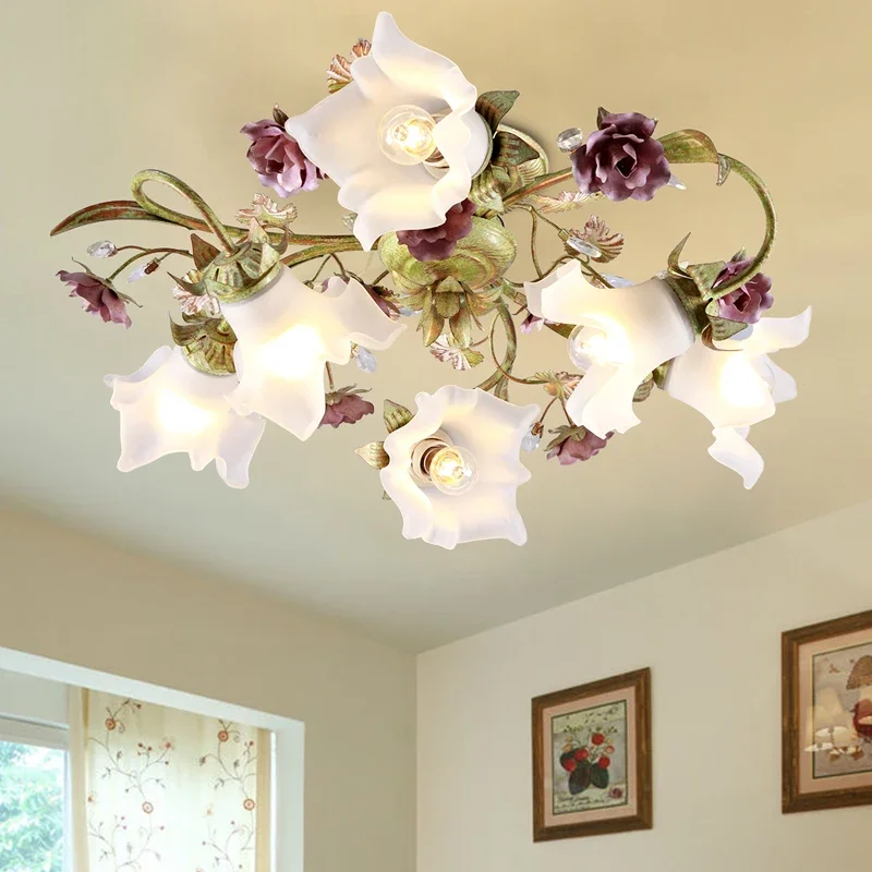 Floral Led Ceiling Lamp Colorful Deco Ceiling Light D68cm H33cm E14 Decora For Dining Room Living Room Girls Bedroom Glass Shade