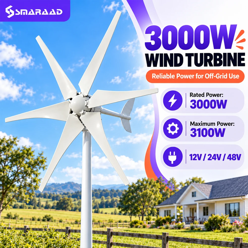 3000W 3KW Horizontal Axis Wind Turbine 12V 24V 48V Wind Generator CE Certified Free Energy Low Speed Start Off Grid for Home Use