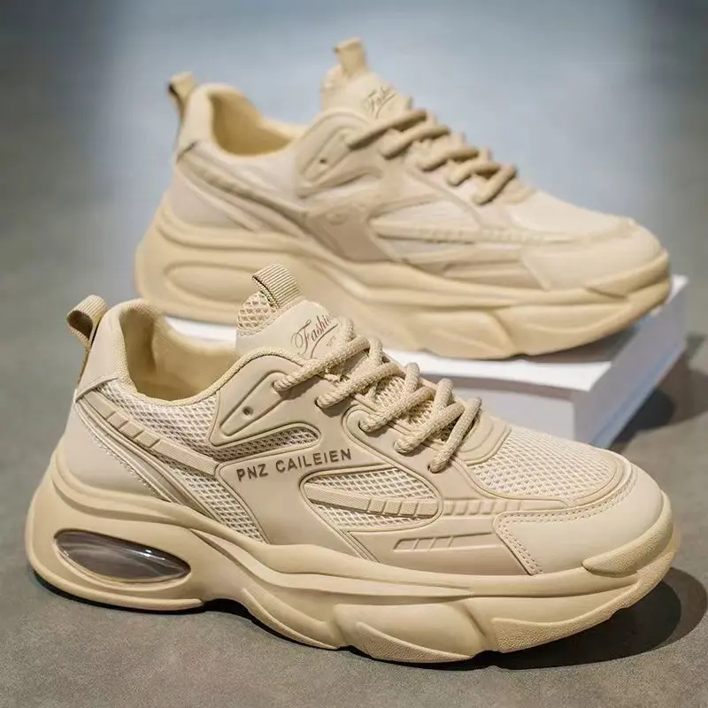 

Новые модные мужские кроссовки цвета хаки с сетчатым верхом, на толстой подошве, вулканизированные, удобные, дышащие, для прогулок