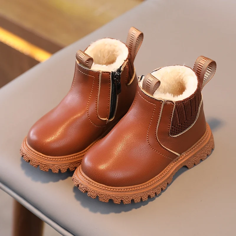 Winter Kids Boys Girls Martin Boots British Style Zipper Velvet Warmth Non-Slip Short Boots Anti-slip Children Leather Shoes