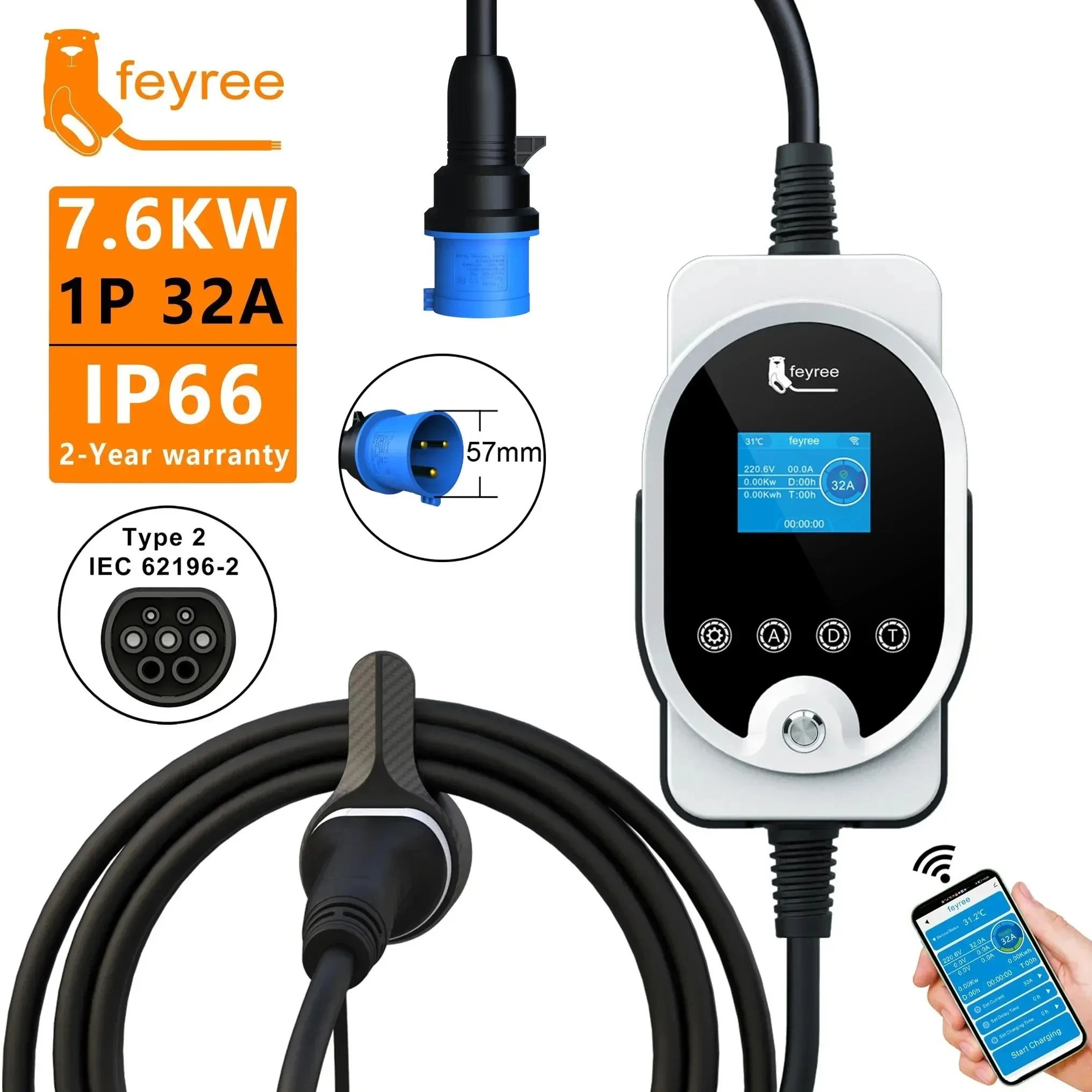 Caricatore EV portatile Feyree Type2 7kW 32A 1P a ricarica rapida con controllo tramite APP e Wi-Fi, impostazione di corrente e tempo di ricarica per auto elettriche