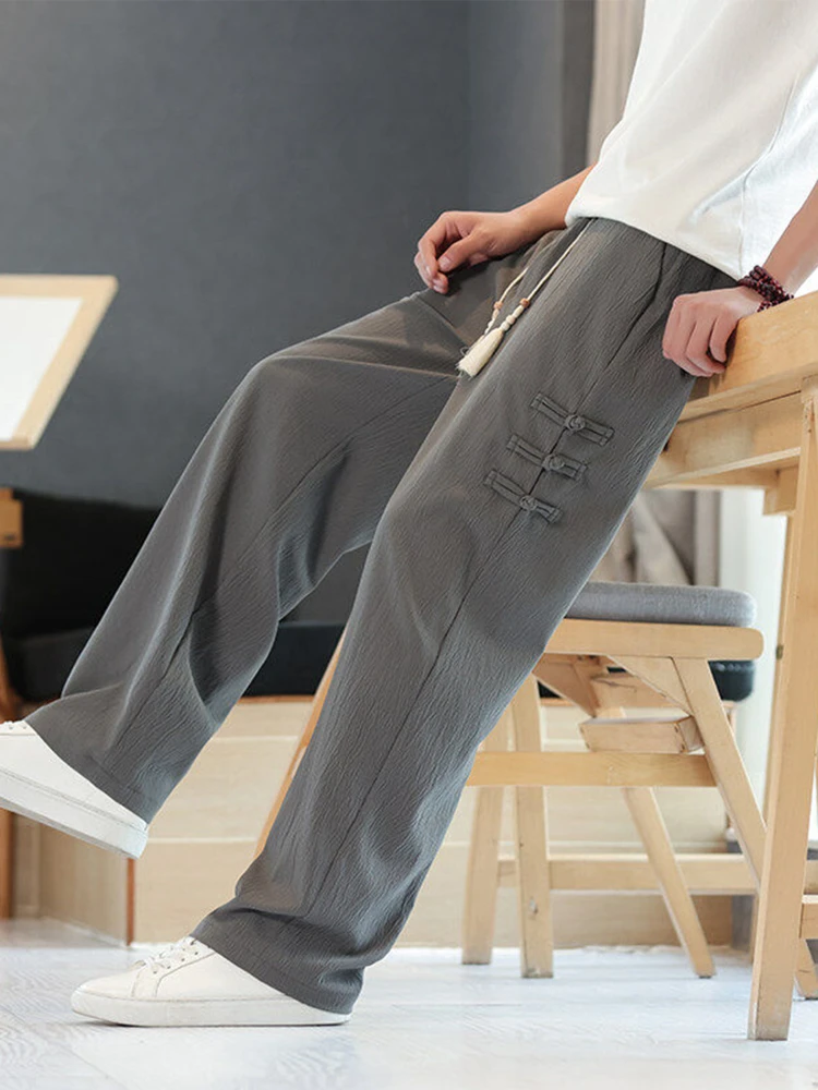 

Новые китайские мужские летние тонкие брюки из ледяного шелка с широкими штанинами, свободного кроя, повседневные длинные брюки больших размеров, прямого кроя