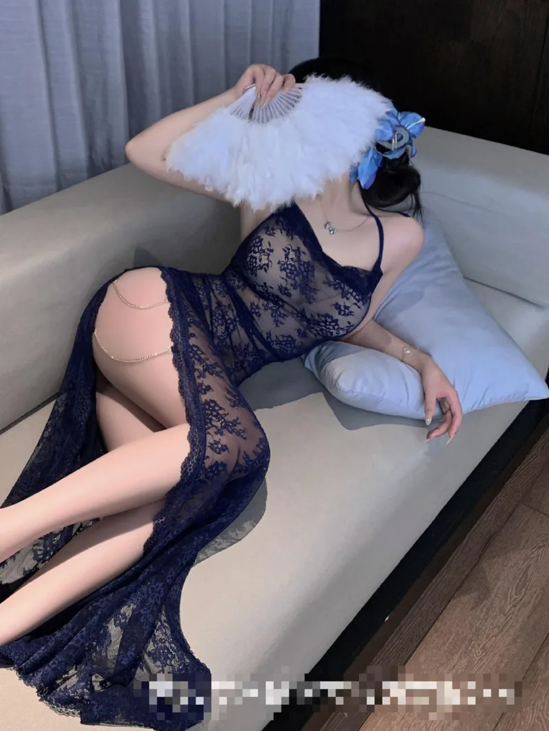 سلسلة معدنية حبال ثوب النوم عالية الخصر شق مثير منظور حبال ثوب النوم منتصف طول فستان أنيق الأزرق شبكة الدانتيل شير 7GVI