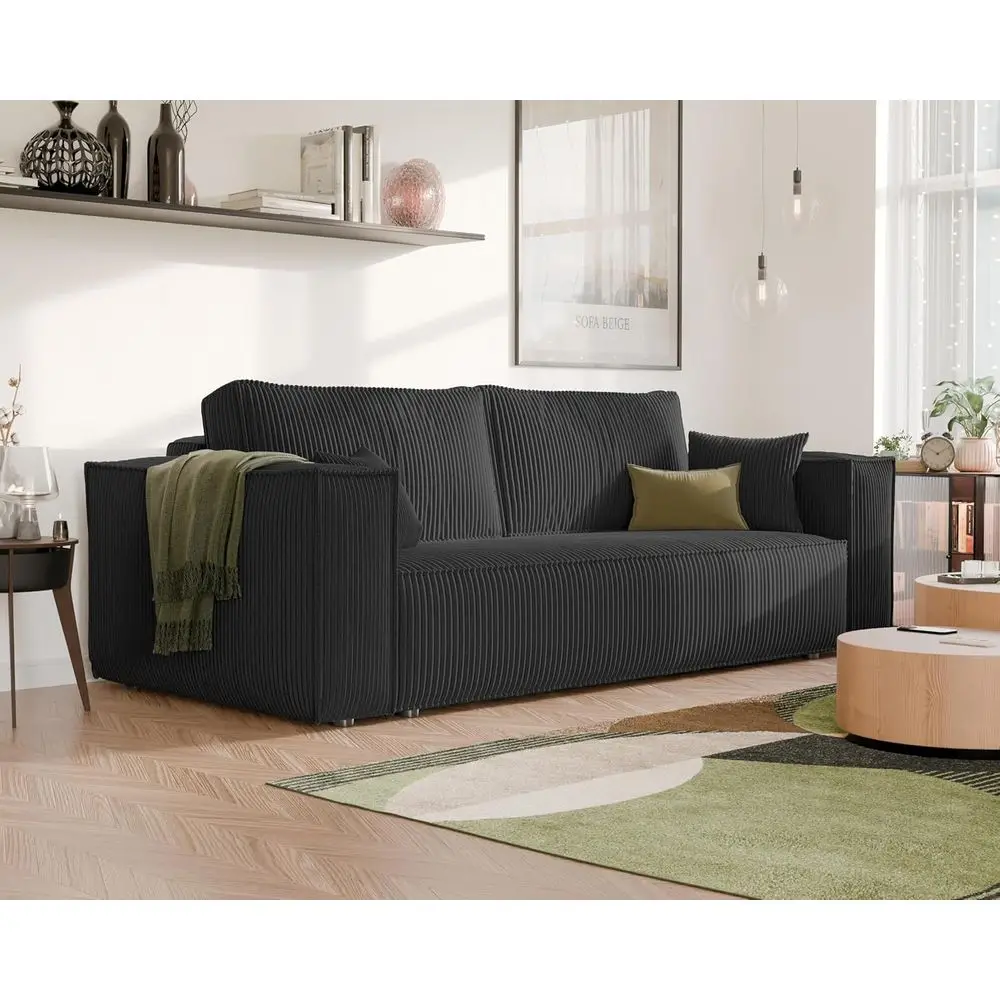 Three-Seater Corduroy Sofa Bed with Storage, 255 x 105 cm, Black, Living Room image 2