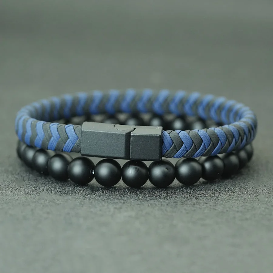 Fashion 2Pcs/set Leather Rope Beaded Bracelet Men Handmade Braided Magnetic Clasp Braslet 8mm Matte Stone Riding Hombre Jewelry