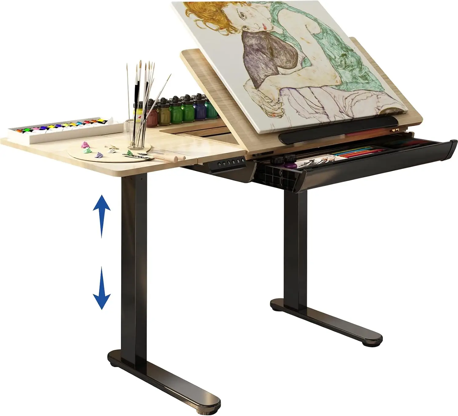 Electric Drafting Table Adjustable Height Standing Drawing Desk Extendable Top Craft Workstation w/Tilting Tabletop, Storage