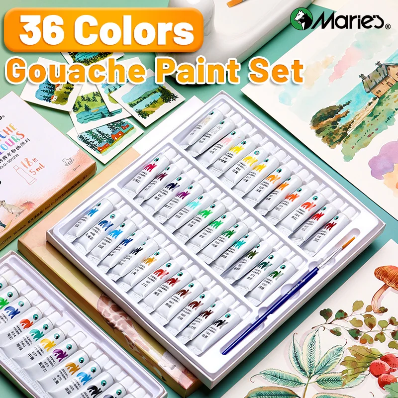 36 Colors Marie's Gouache Paint & 1pc Paintbrush in 5ml/Tube for Paper,Cardboard,Canvas,DIY,Craft for Adult,Artists,Students