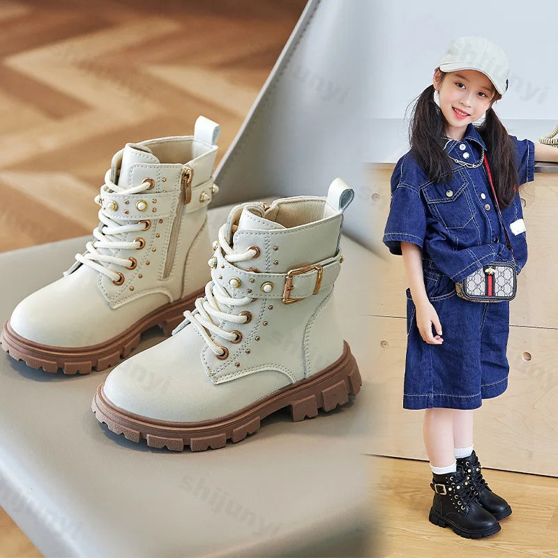 Girls Leather Boots 2025 Autumn New Kids Ankle Boots Non-slip Rivet Outdoor Princess Shoes Comfortable Children Short Boots