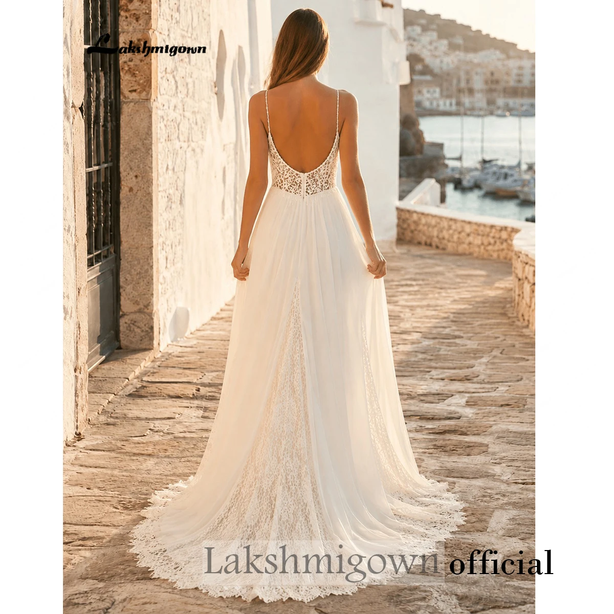 Lakshmigown Boho Strand-Brautkleid mit Spaghettiträgern, Herzausschnitt, Spitzenoberteil, ausgeschnittener Taille, Chiffon A-Linie, maßgeschneidert – Detail 6
