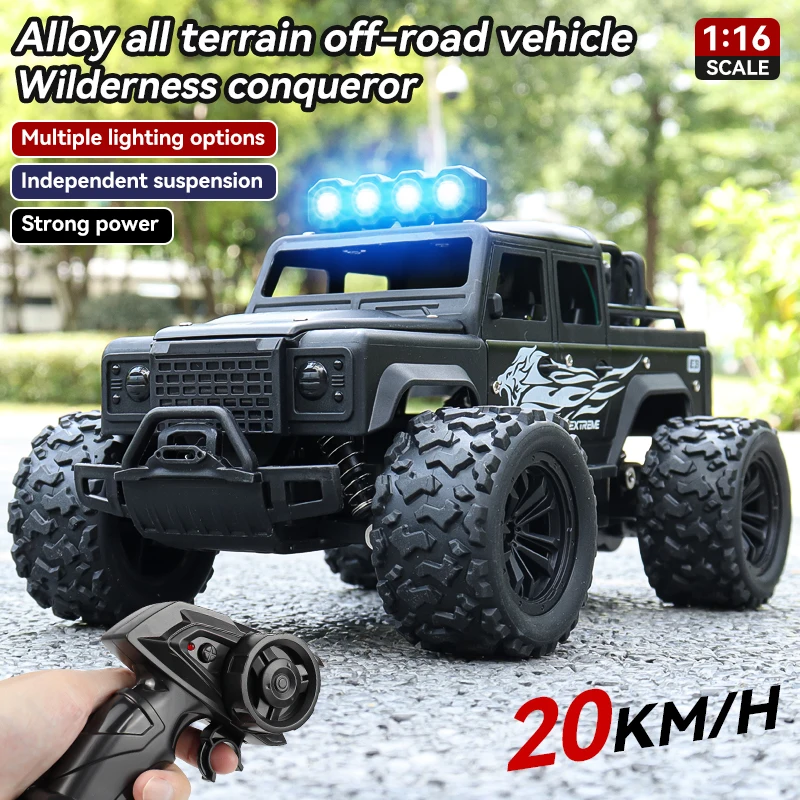 Alloy RC Off‑Road Truck 2.4G Remote Control Car With Colorful LED Light All‑Terrain Toy Car 20KM/H Kids Boys Birthday Gift