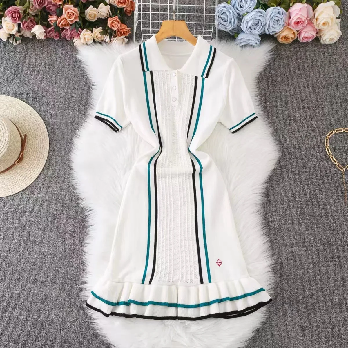 ผู้หญิงสี Patchwork Ruffles Hem ถักชุดมินิฤดูร้อนแขนสั้น Turn-Down COLLAR ชุดยืด Bodycon Vestidos