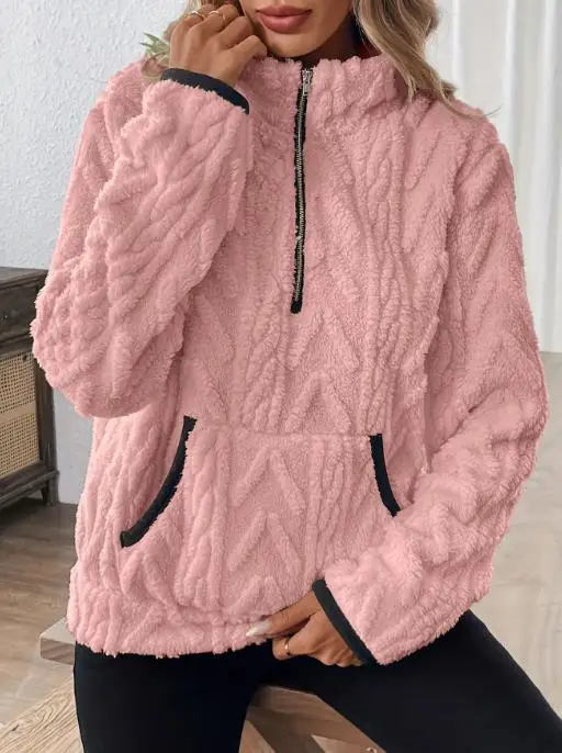 

Women's Hoodie 2025 Autumn/winter New Latest Style Flip Collar Small Fragrant Jacquard Half Zipper Plush Pocket Short Hoodie
