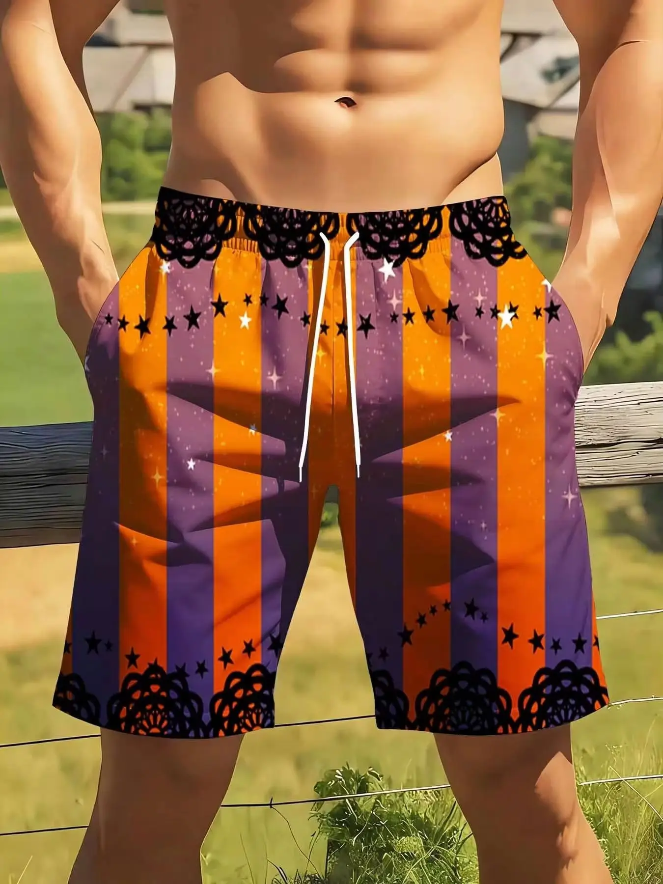 

Halloween Striped Star Print Men Swim Trunks Beach Shorts With Lace Trim [Plus Size Suitable For Casual Sports Wear]