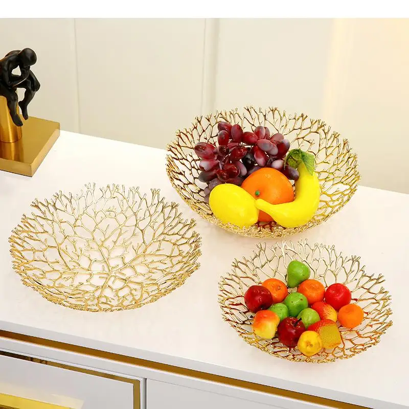 

Modern Copper Hollow Out Coral Fruit Tray Golden Desktop Storage Living Room Organization Home Decoration