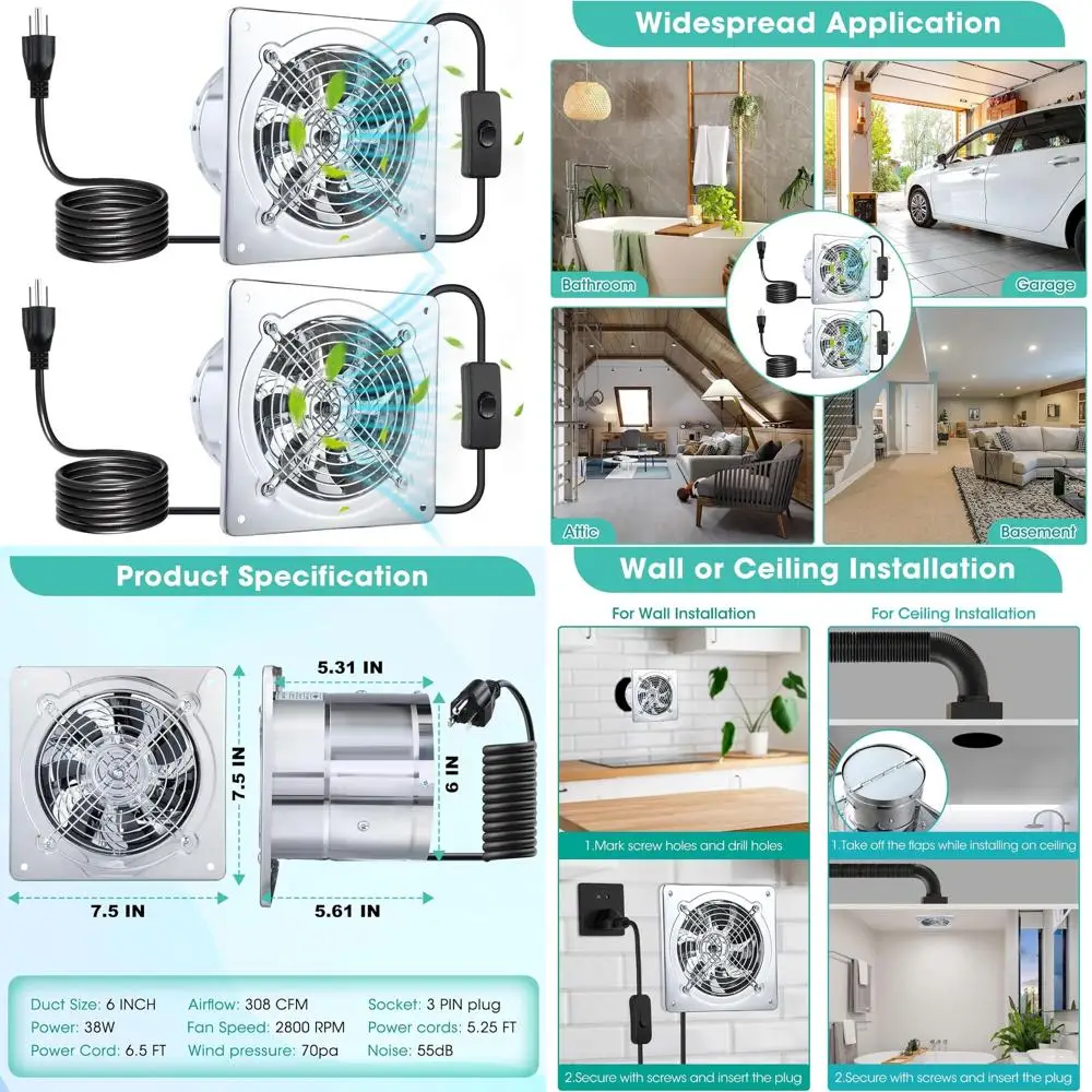 

6 Silver Wall Exhaust Fan for Kitchen & Bath with Damper, 110V, Low Noise, Suitable for Ceiling or Window Ventilation