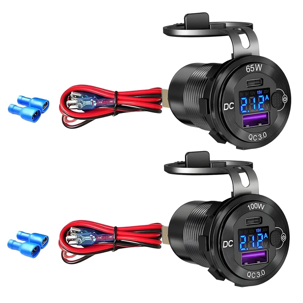 12V USB Outlet Aluminum Car Charger PD3.0 Port for Laptops Quick Charge 3.0 USB Port Waterproof with Voltmeter for RV Boat Bus