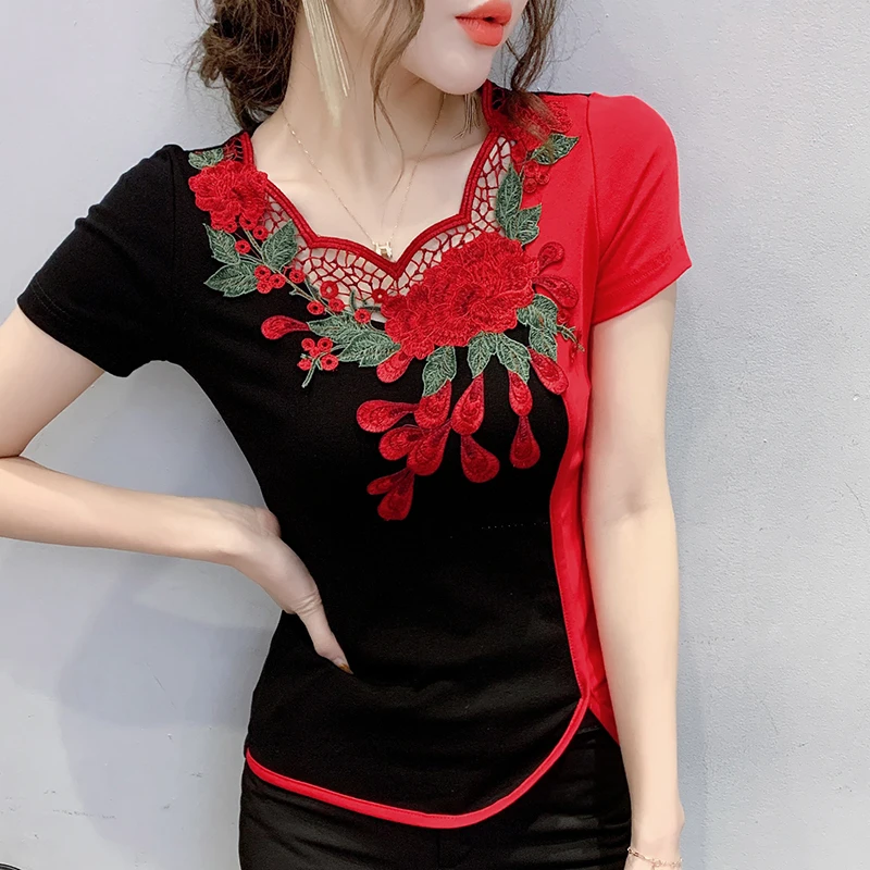 Black Summer Folk Clothes Vintage Chic Sexy Hollow Out Embroidery T-Shirt Women Tops Ethnic Bottoming Shirt Tees 2024 New 431519