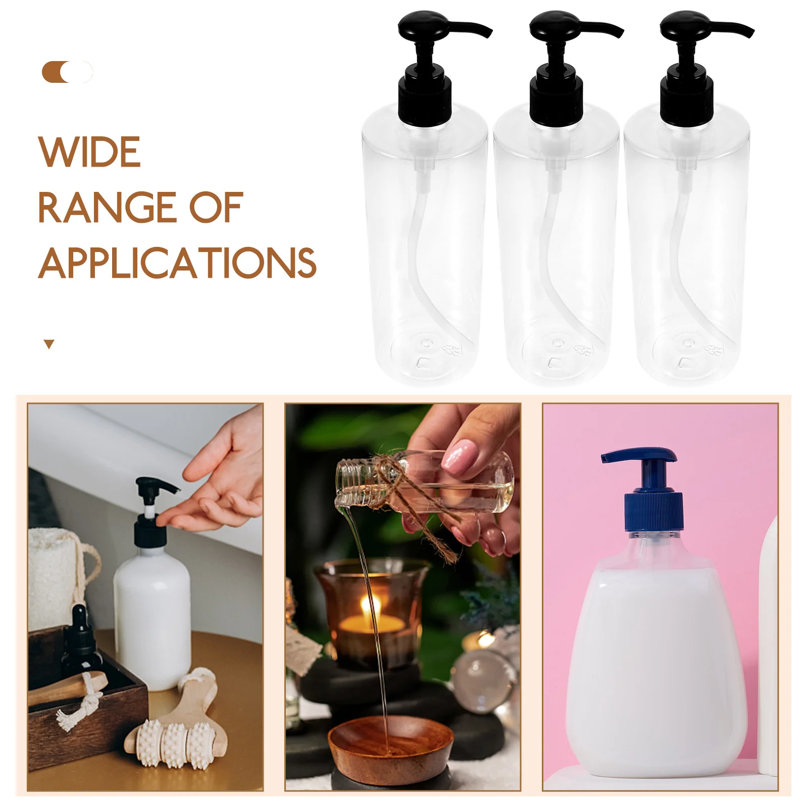 3Pcs 500ml 투명 하위 포장 병 블랙 프레스 헤드가있는 홈 오피스 여행을위한 친환경 내구성 샤워 젤 컨테이너