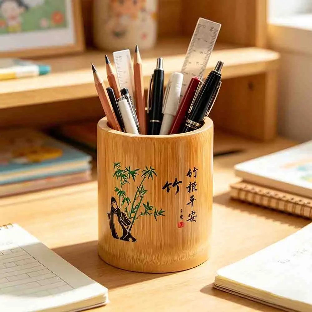 Pen Holder Bamboo Desk Organizer Carved Chinese Brush Stand Artist Pencil Cup Natural Calligraphy Desktop Wood Storage
