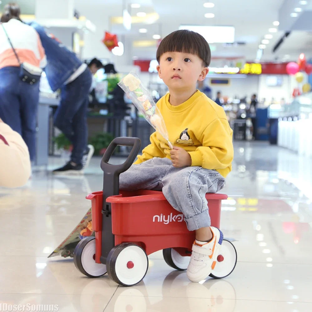 Cute Children's Pull Cart and Rideable Four-wheel Scooter Large Capacity Storage Box Red Plastic Storage Box Gift for Boys Girls