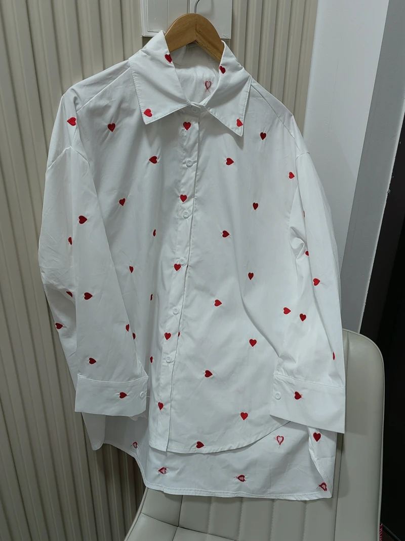 Real Photo White Heart Turn-over Collar Shirt 2025 Spring and Autumn New Korean Style Casual All-match Thin Blouse Women\'s Cloth