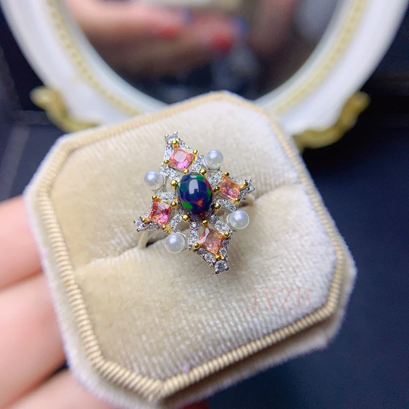 Natural dazzling color Opal ring s925 silver plated 18k gold fire color flash Japan and South Korea trend fashion versatile