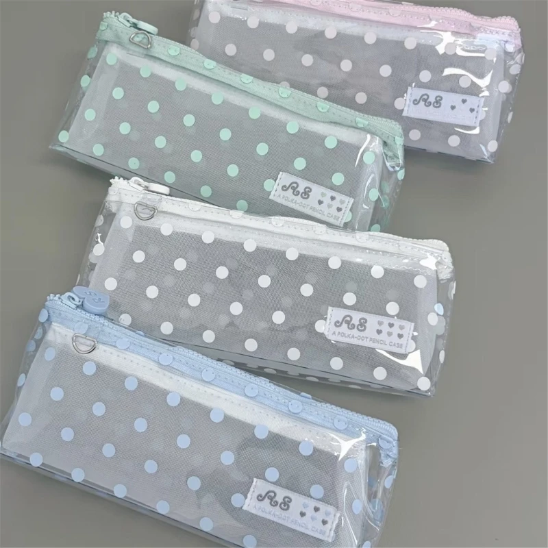 Dotted Pencil Case Triangular Clear Storage with Zippered Closure and Removable Mesh Insert for School Office 896C