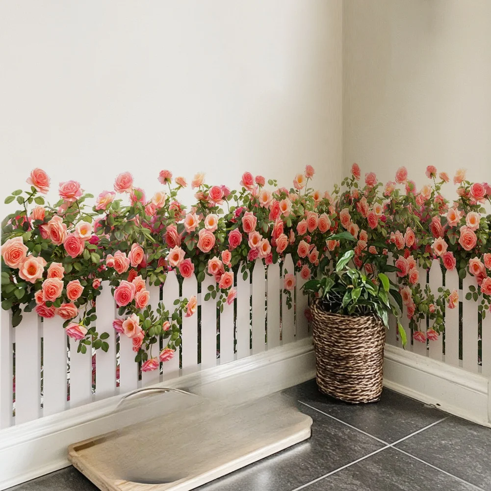 PVC Wall Sticker with for Delicate Pink Flowers and White Fence Pattern for Bedroom Living Room Interior Decoration