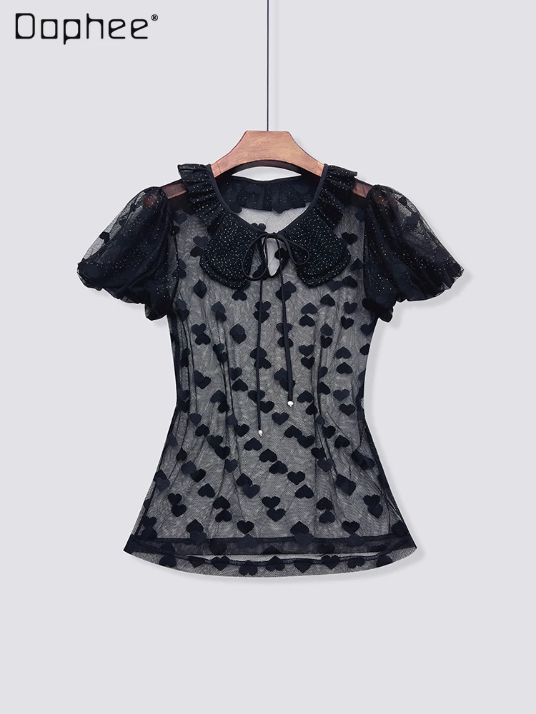 

elegance Tree Fungus-like Lacework round Neck Short Sleeve Thin Bottoming Shirt French Style Sheer Mesh Puff Sleeve Girl T-shirt