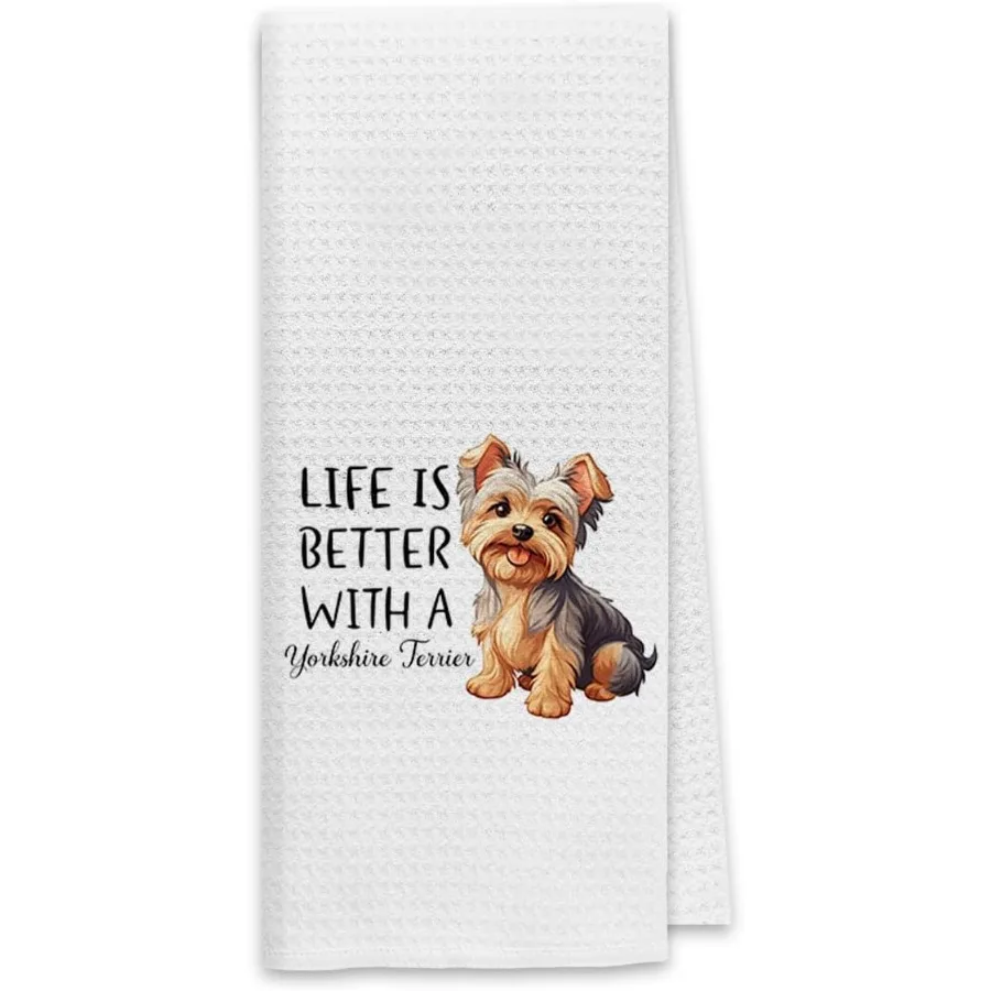 

Le is Better with A Yorkshire Terrier Kitchen Towels Dish Towels DishclothCute Puppy Dog Absorbent Drying Cloth Hand Towels Tea