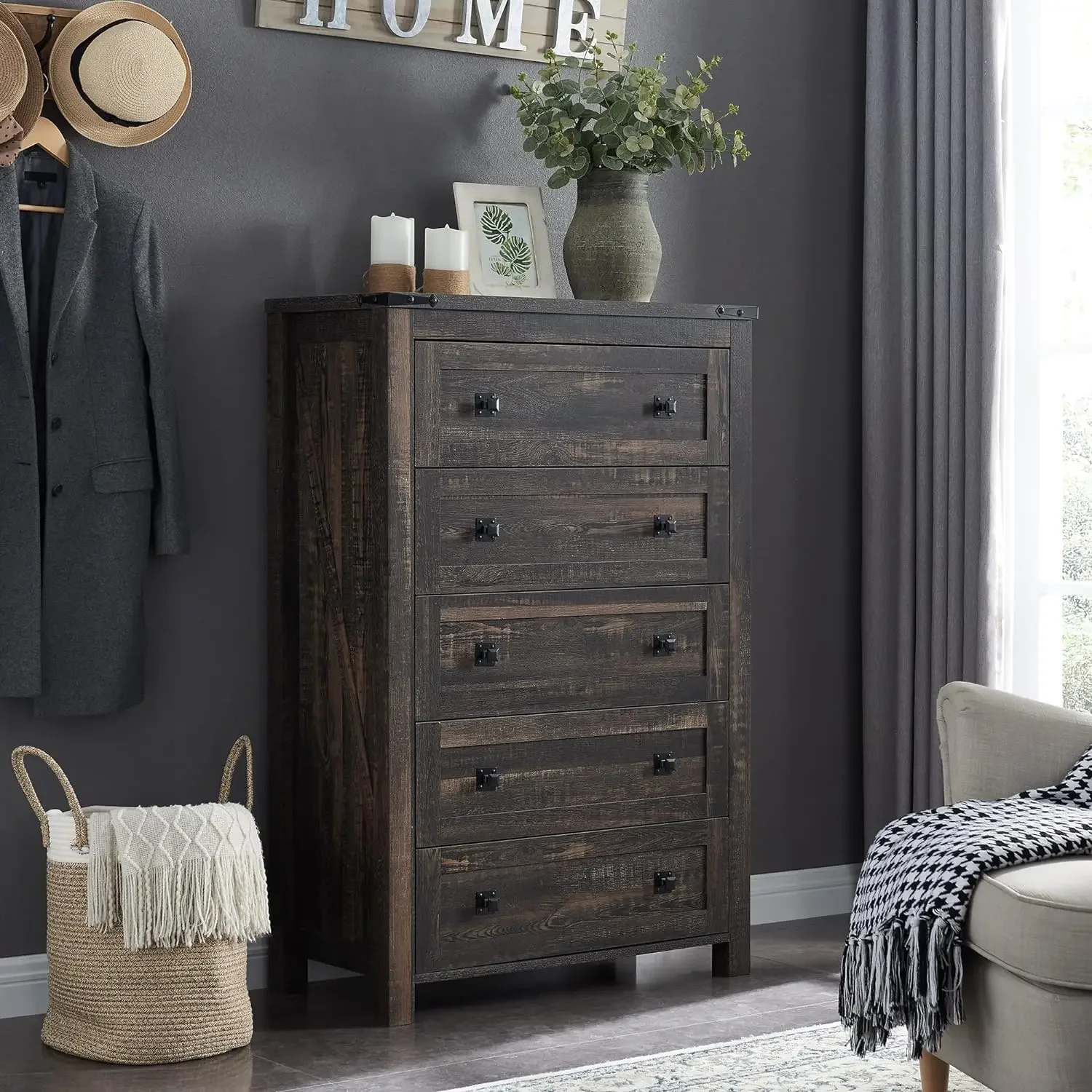 Bedroom Dresser, T4Lanka AM Farmhouse 5 Door Close-Up, Rustic Wood Large Chest of Close-Up Doors, Bedroom Dressers