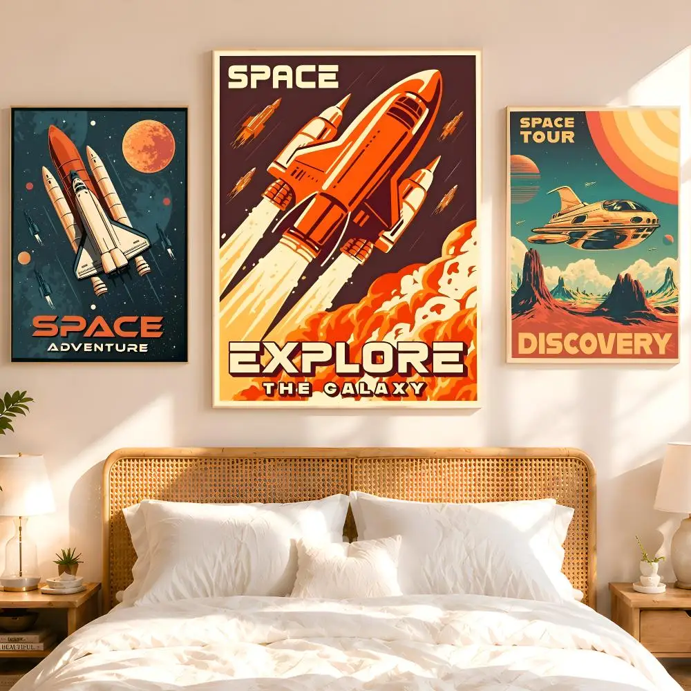 Vintage Space Astronauts Rocket Ufo Aliens Spacecraft Poster HD Matte Peel And Stick Wall Decor Bedroom Living Room Dorm Office