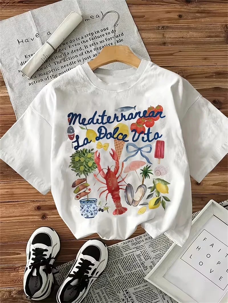 Women's T-shirt with Mediterranean La Dolce Vita Food Collage Print,Casual Crew Neck Short Sleeve, Italian Summer Vacation Tee