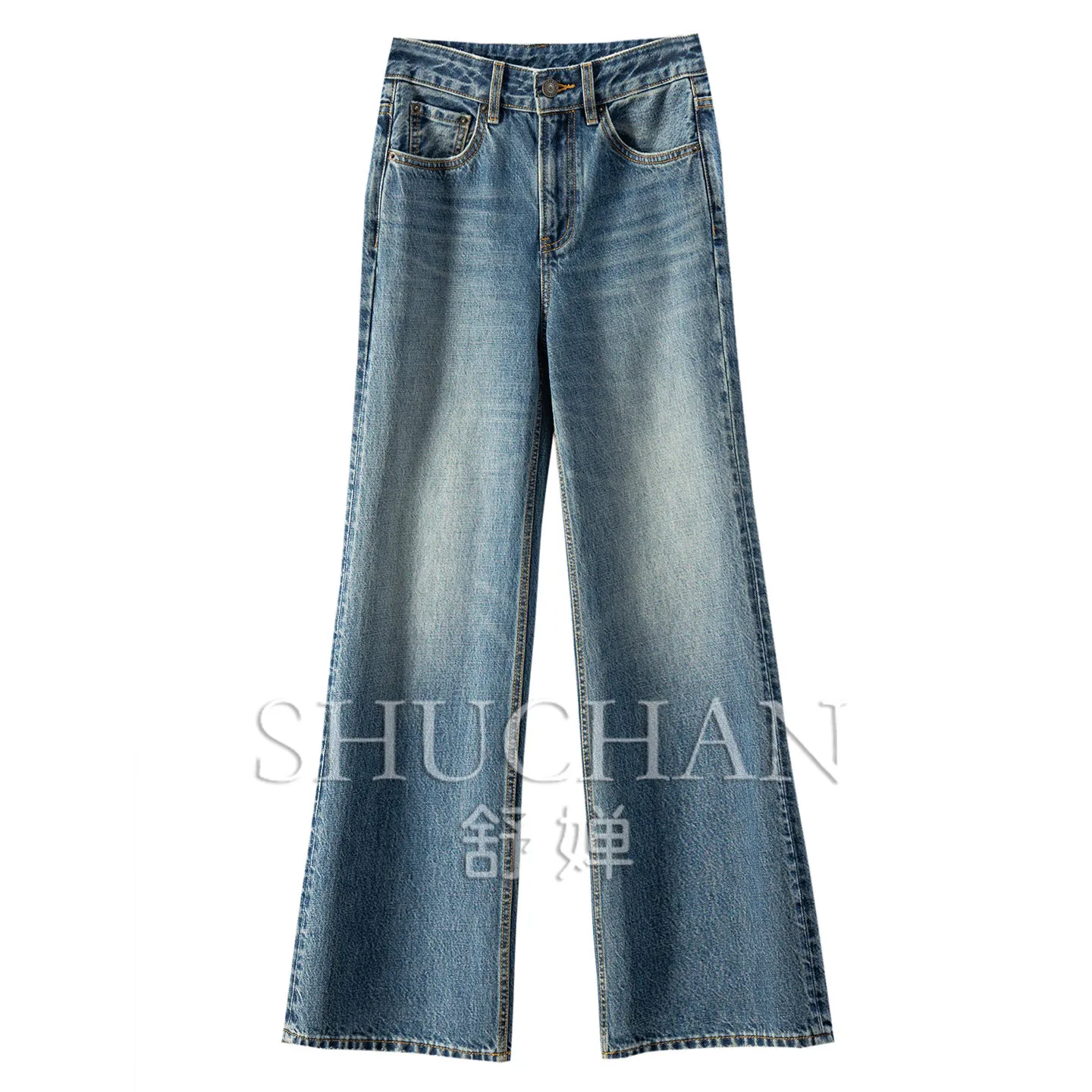 Slim Waist and Long Legs, Turkish Denim Washed Blue Straight Micro-pull Pants Women's 87W9 Streetwear Women
