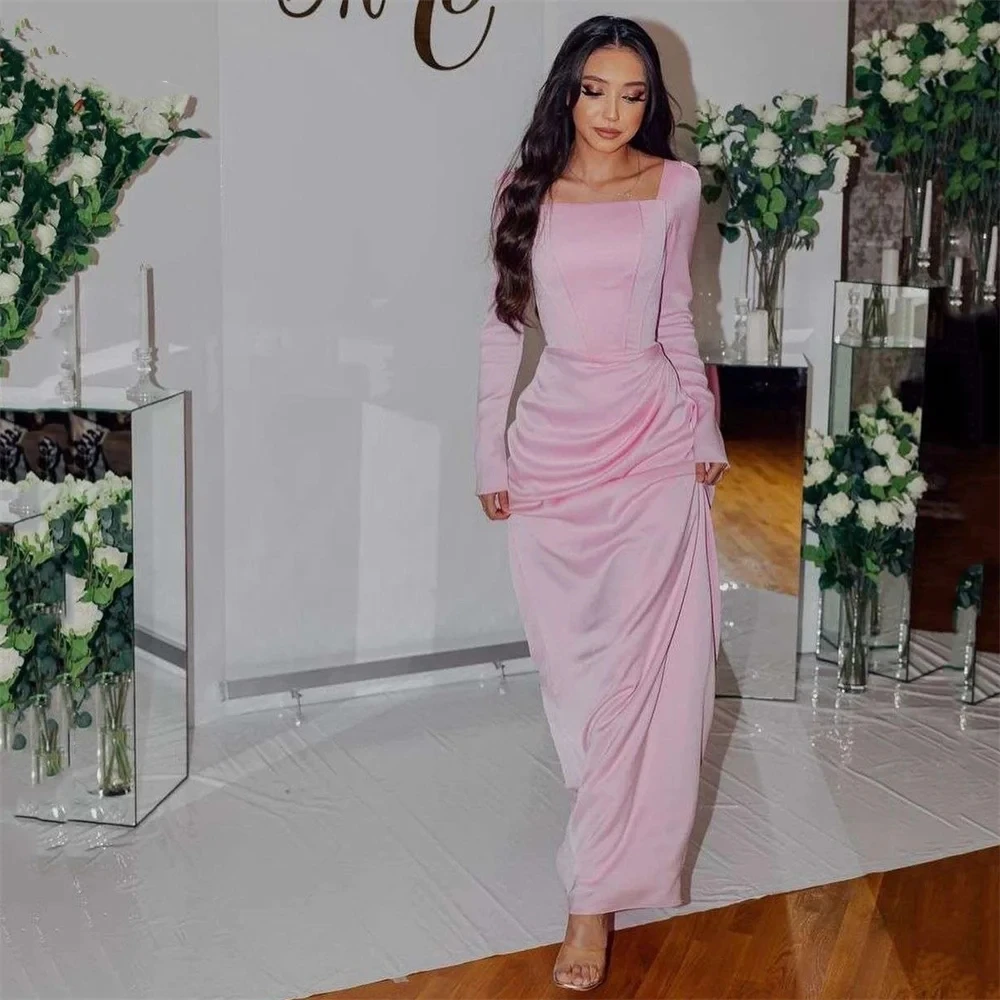 

Romantic Pink Satin Evening Dress Square Collar Long Sleeves Mermaid Floor-Length Party Dress For Women Vestidos De Fiesta