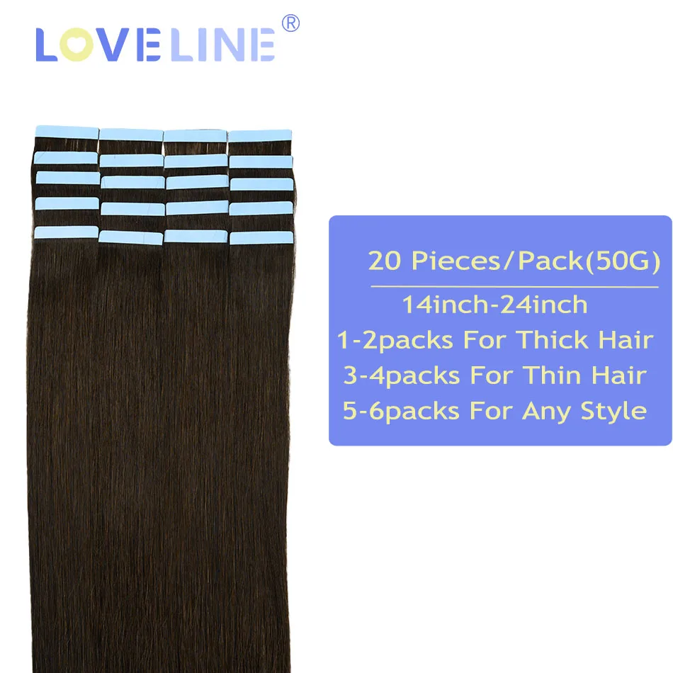 LOVELINE Tape In Hair Extensions Human Hair 100% Virgin Remy Natural Human Hair Skin Weft Invisiable Seamless Brown Color