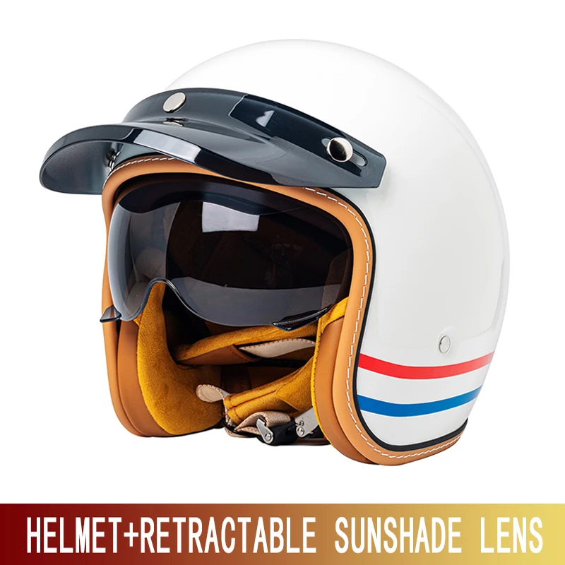 Nouveau casque de moto de croisière rétro pour hommes et femmes casque jaune trois-quarts demi-casque de moto 3/4 avec pare-soleil wi