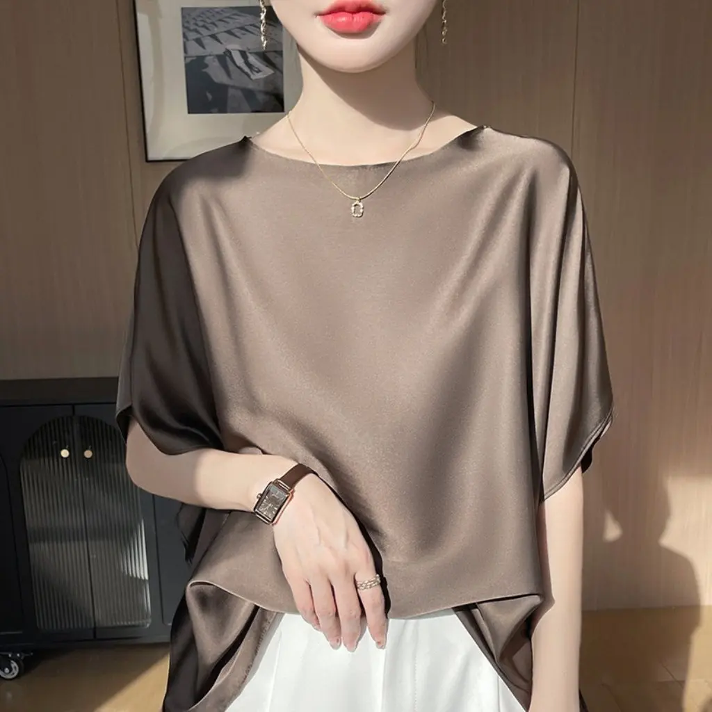 

Silk Satin 25 Women's round Neck Loose Batmobile Shirt Summer Slimming Elegant All-match Short-sleeve T-shirt Top