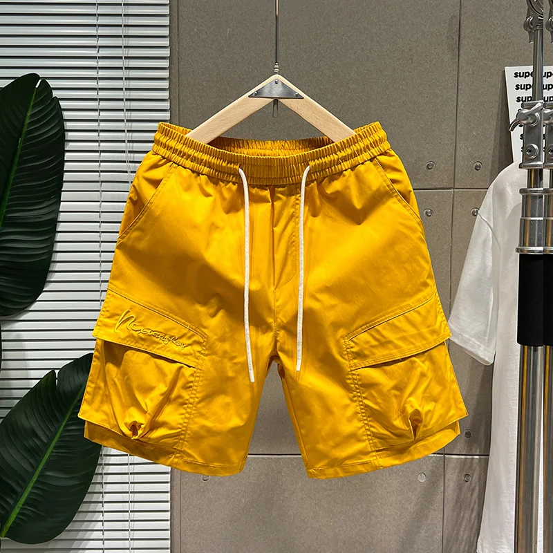 

Summer New Men's Casual Workwear orts Loose Elastic Waist Thin Straight Leg Five-Quarter Length with Multiple W kets