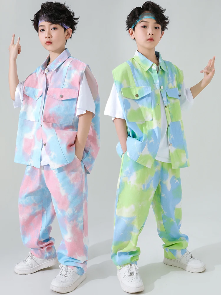 Hip Hop Dance Clothing For Girls Tie-Dye Loose Outfits Children Jazz Modern Dance Costumes Boys Performance Stage Wear DQS12715