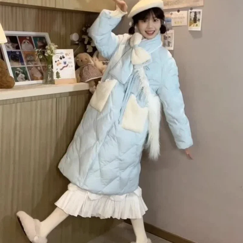 Super Cute Light Blue Diamond Check Cotton-padded Jacket Women's Mid-length Winter New Gift with Detachable Bow Bib Coat Coat