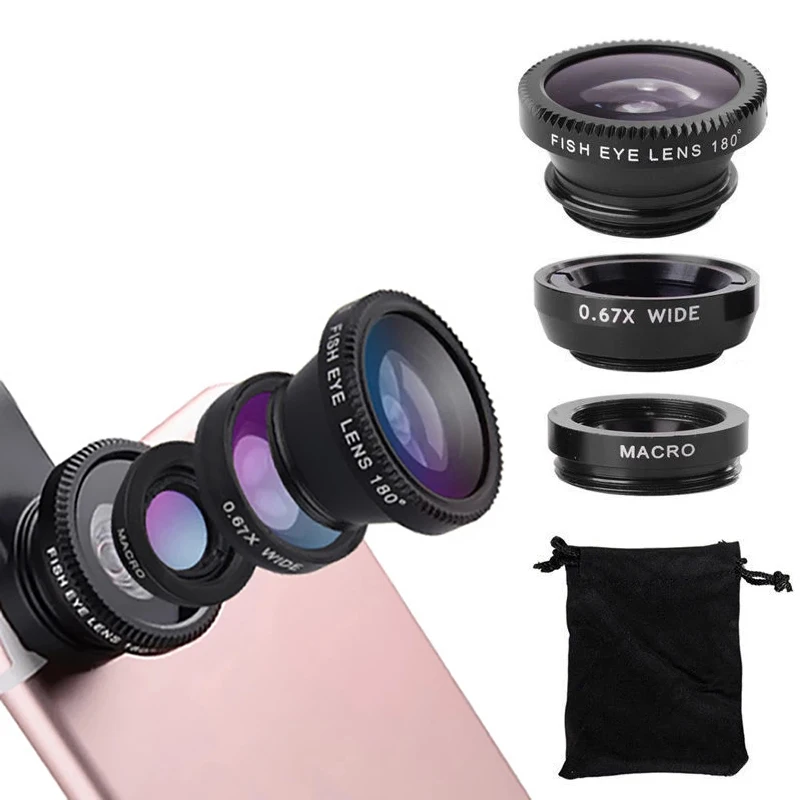 Objectif Fish Eye pour téléphone, n'aime grand angle 0,67x avec clip, kits de caméra pour iPhone Huawei Xiaomi, objectif Fisheye, smartphone universel