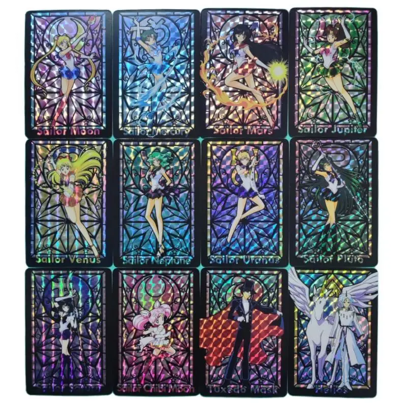 24Pcs/set Sailor Moon Church Style Mercury Mars Jupiter Venus Grid Flash Anime Game Characters Stained Glass Collection Card