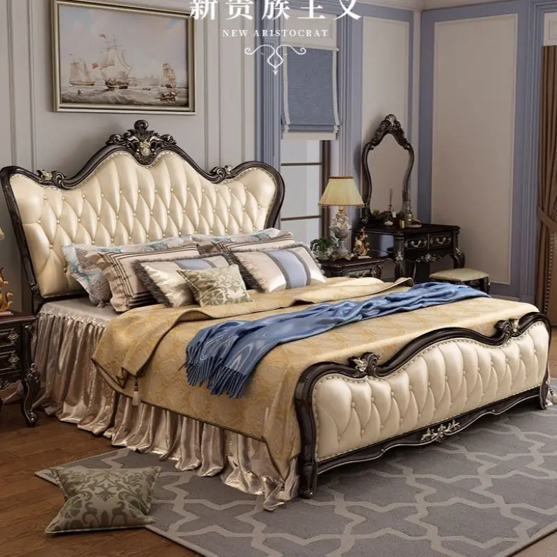 American-style solid wood master bed, European bed, double bed, genuine leather, luxurious light luxury, oak ebony