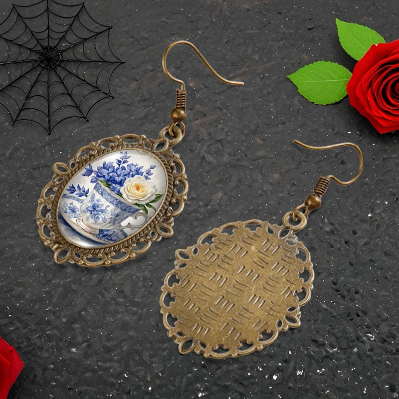 Blue and white porcelain Tea Cup and Rose Painted Picture Oval Glass Cabochon Flower Shaped Fish Hook Earrings Handmade Gifts