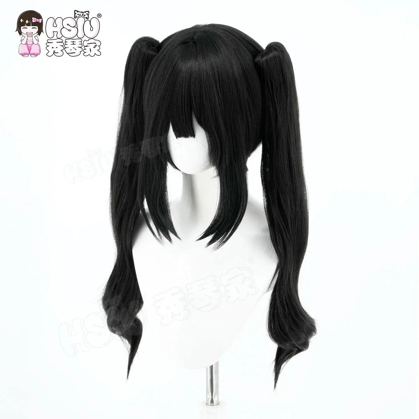 쿠로베 나노카 코스프레 가발 HSIU 60CM 검은색 긴 머리 내열성 가발 + 가발 모자 게임 마법 소녀 마녀 재판 코스프레 가발